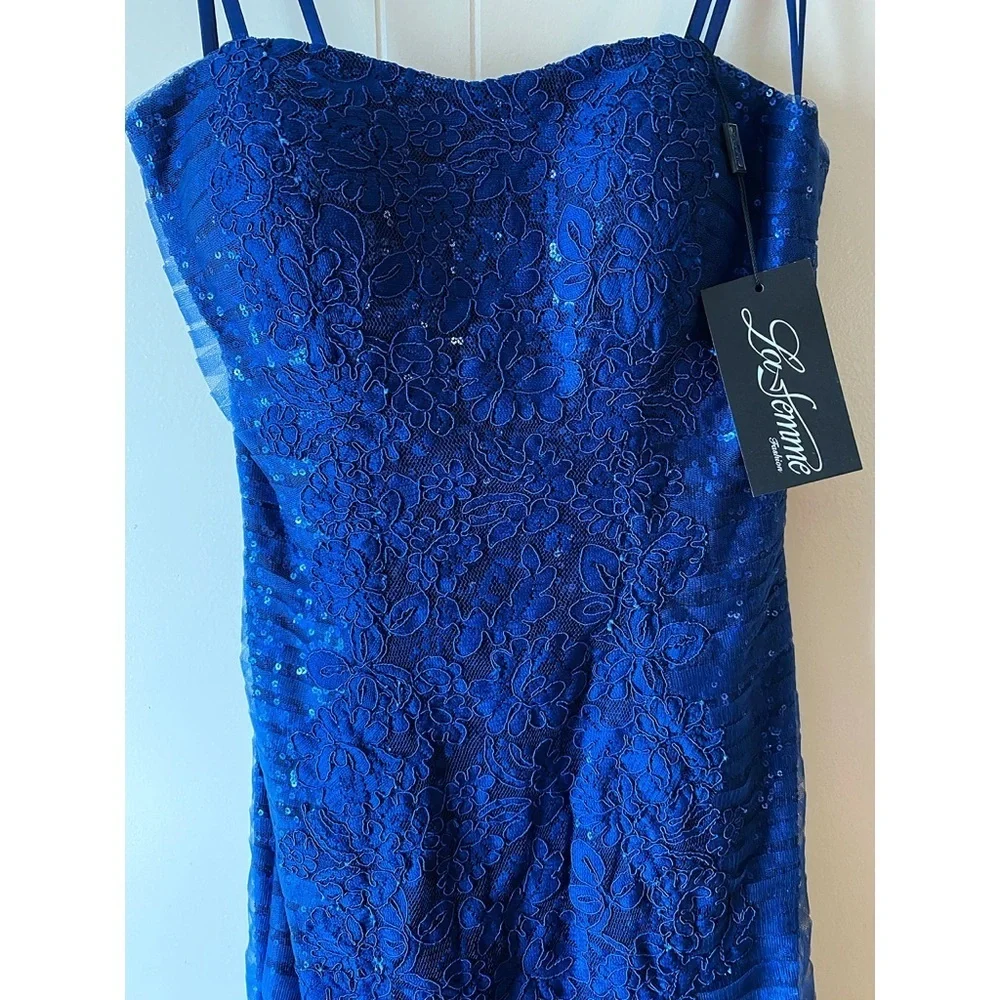 La Femme Navy Blue Floral Strapless Sequin Dress Gown